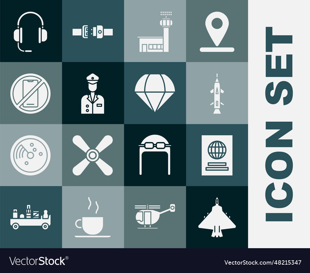 Set jet fighter passport rocket airport control vector image Set jet fighter passport rocket airport control