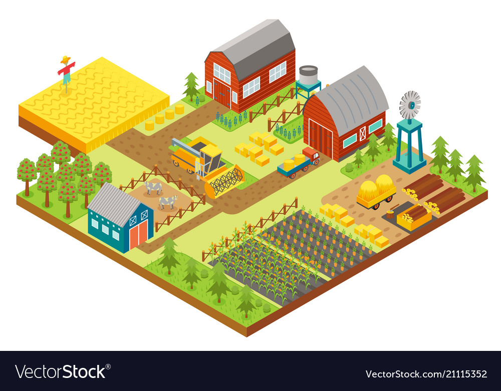 3d isometric rural farm with mill garden Vector Image