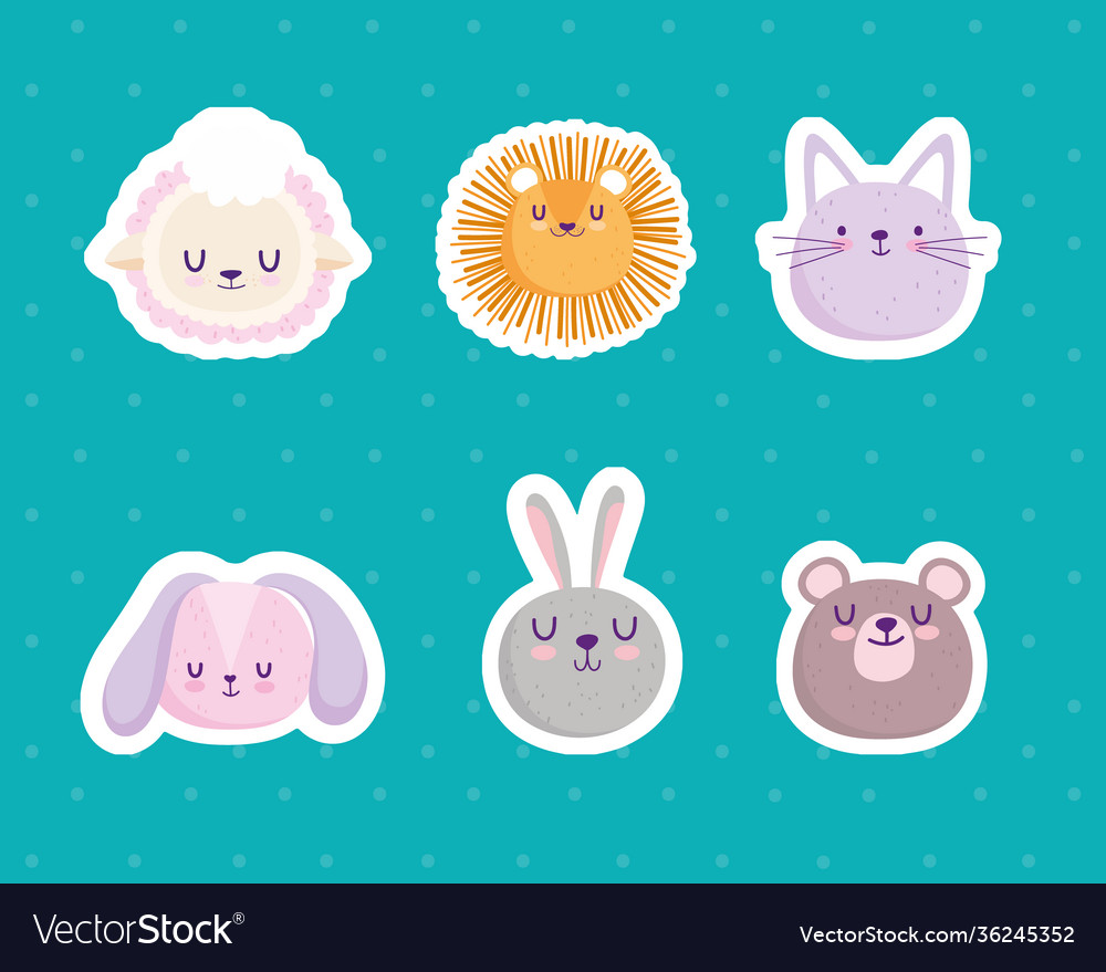 Cute faces lion rabbit bear sheep cat cartoon