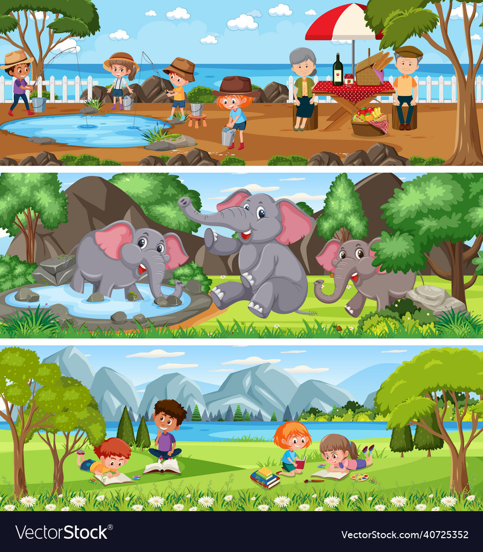 Outdoor panorama landscape scene set with cartoon