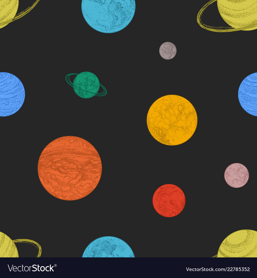 Seamless pattern with colorful planets and other