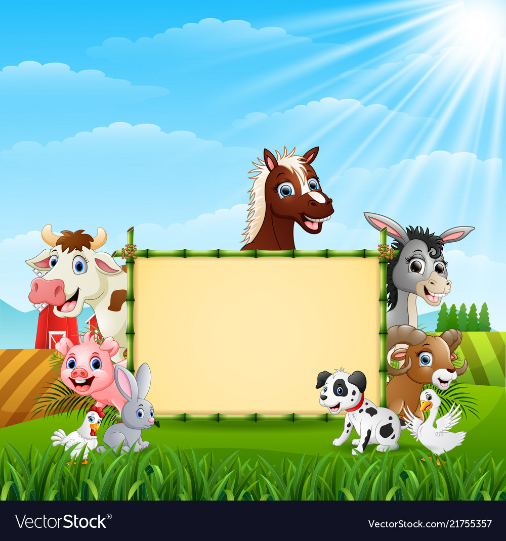 Farm animals with a blank sign bamboo Royalty Free Vector