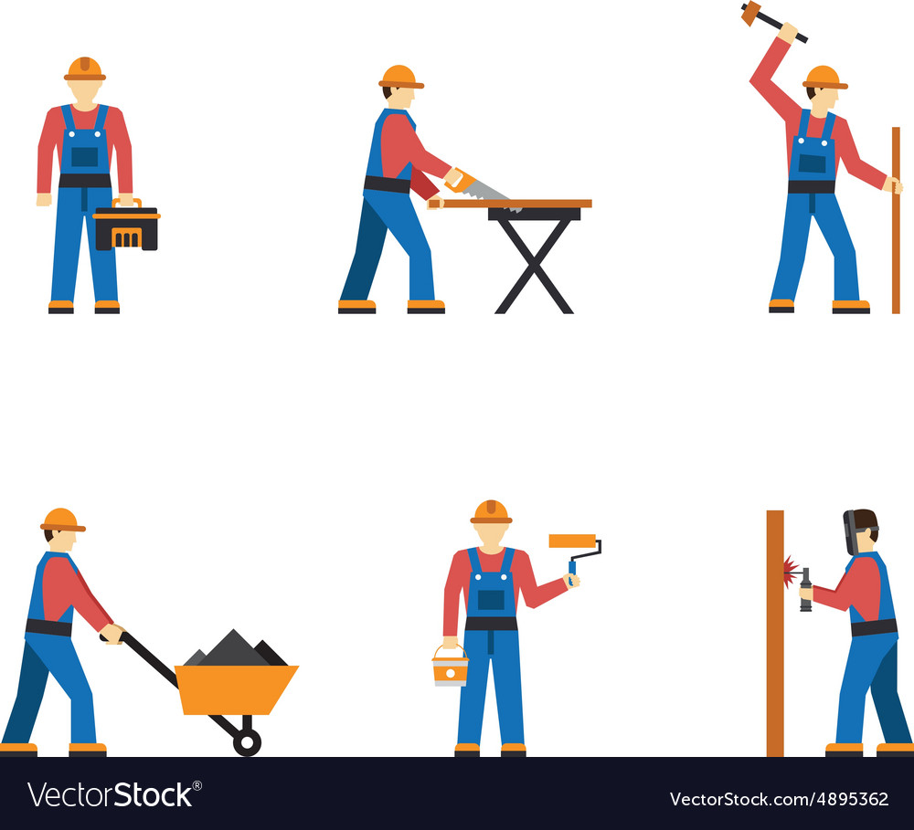 Construction worker people silhouettes icons flat Vector Image