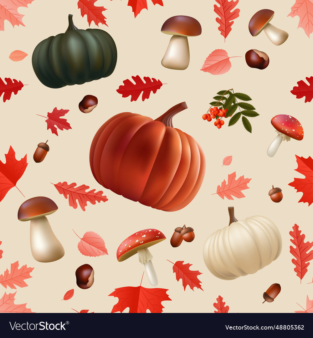 Realistic pumpkins leaves mushroom acorn chestnut