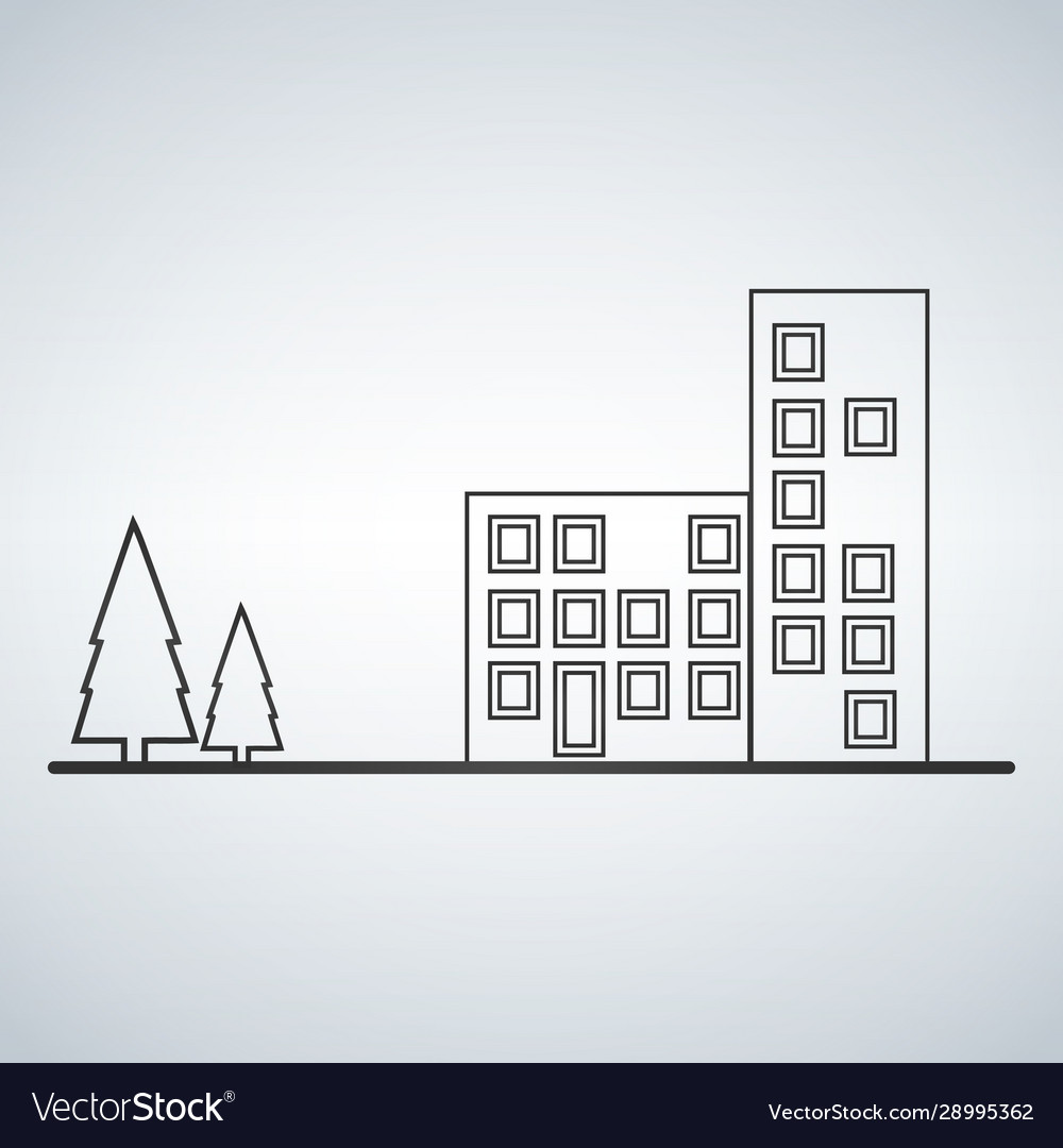 Residential building with trees line icon for web