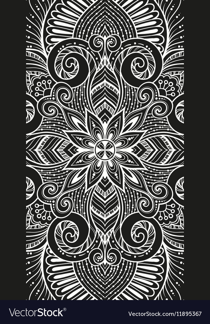 Asian ethnic floral retro doodle black and white