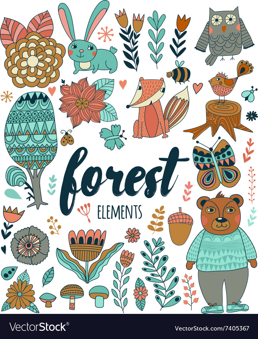 Forest elements in doodle childish style