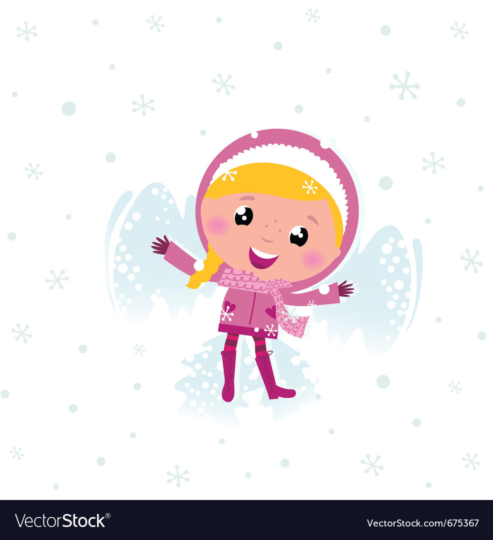 Little cute pink child making angel in snow