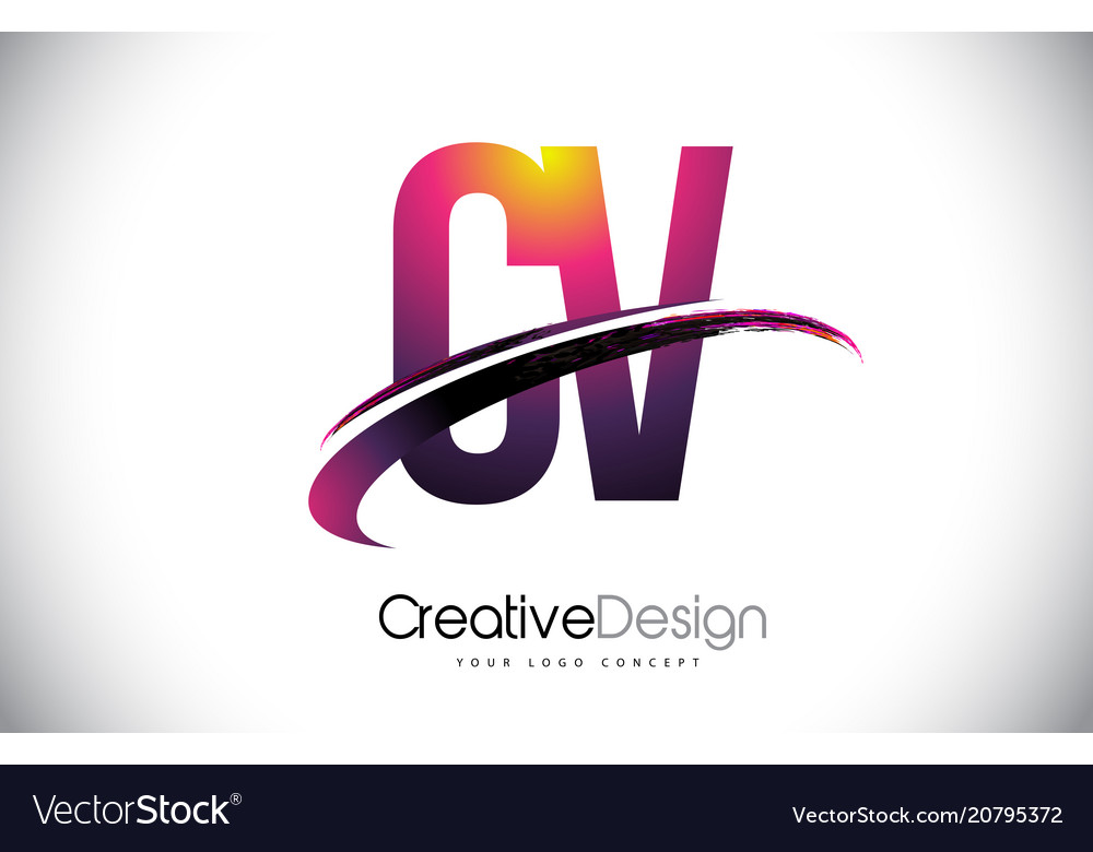 Cv c v purple letter logo with swoosh design