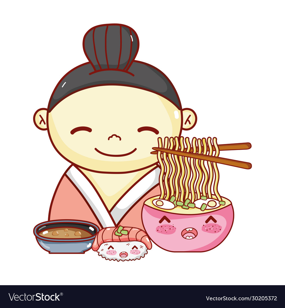 Geisha with noodles soup sushi and sauce food