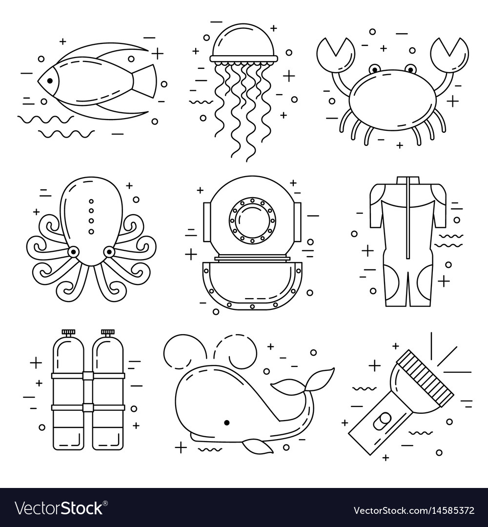 Scuba diving line art icons