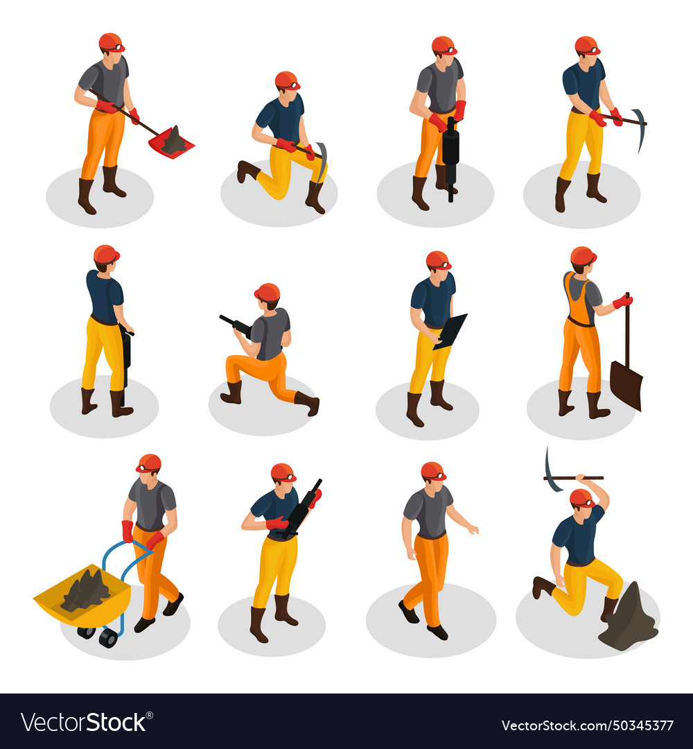 Isometric mining characters set vector image Isometric mining characters set
