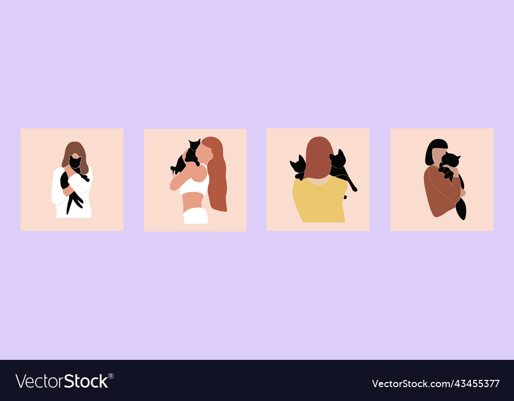 Set of abstract faceless woman holding cute cat