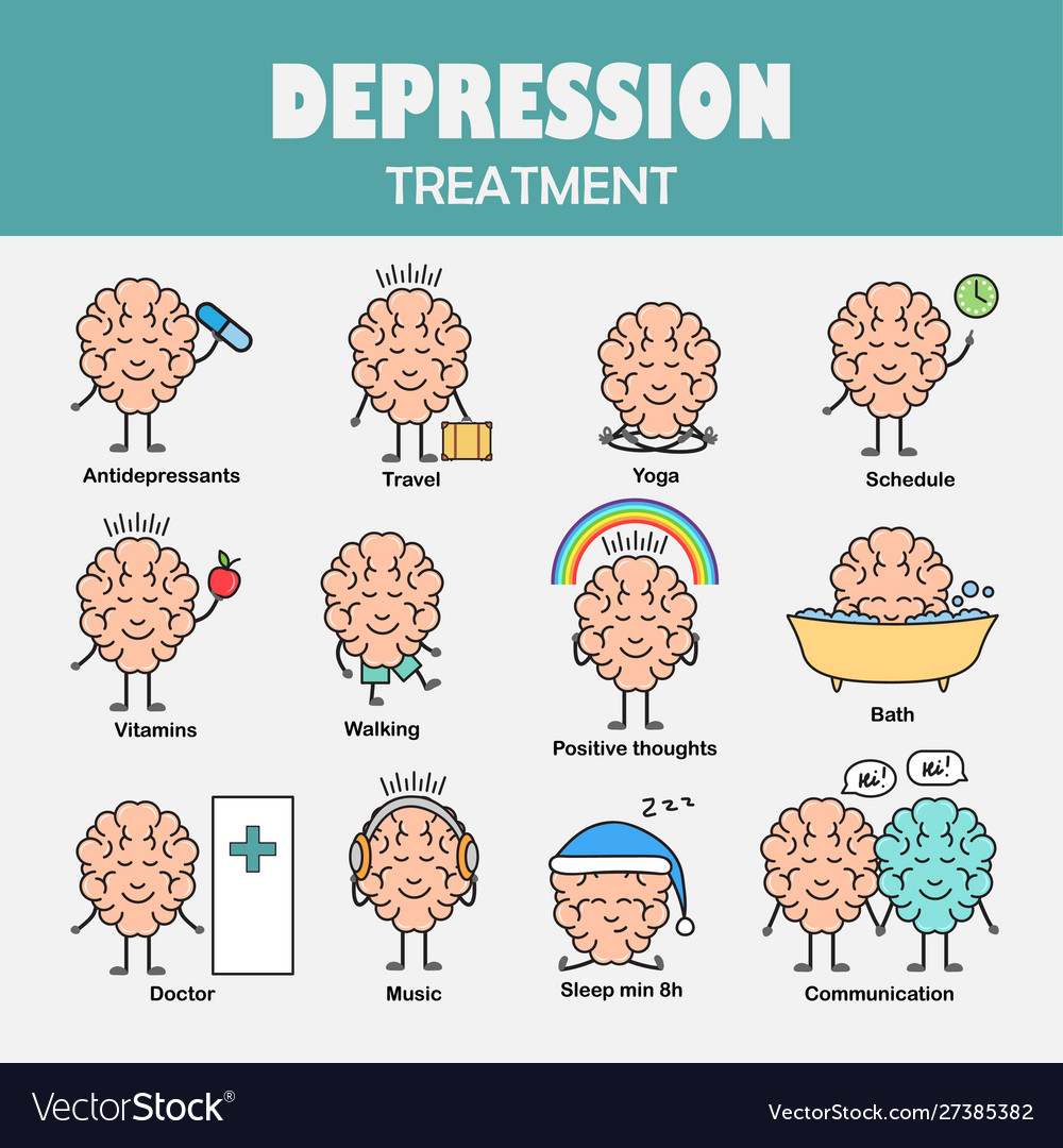 Depression treatment cartoon brain character