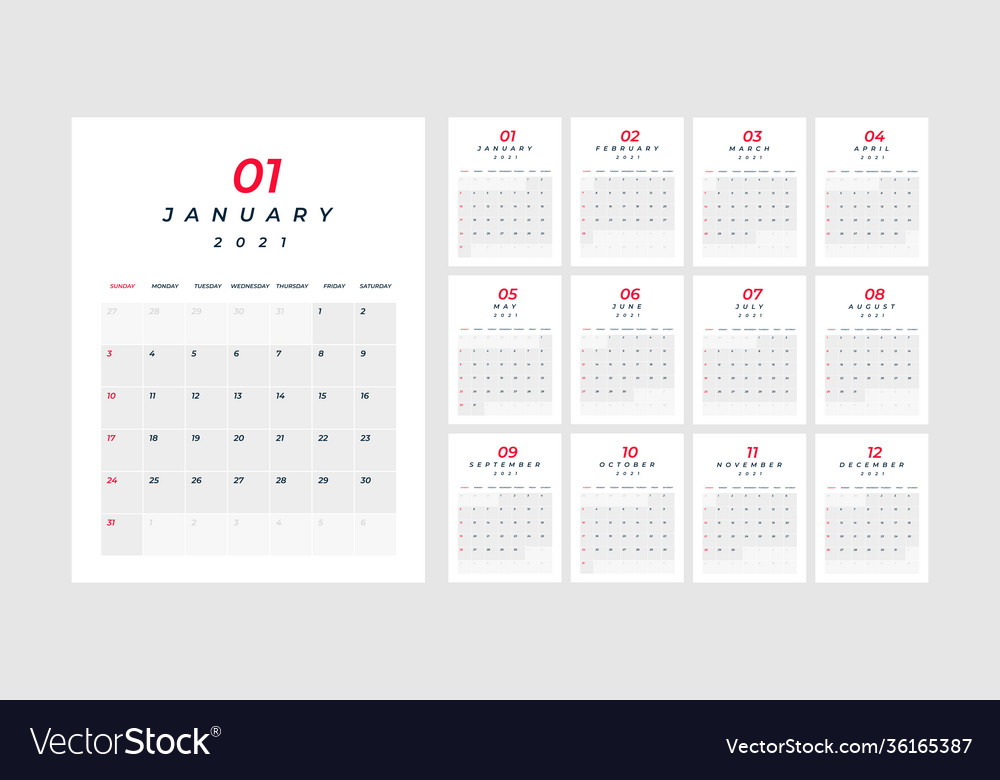 Calendar 2021 12 month in clean minimal table