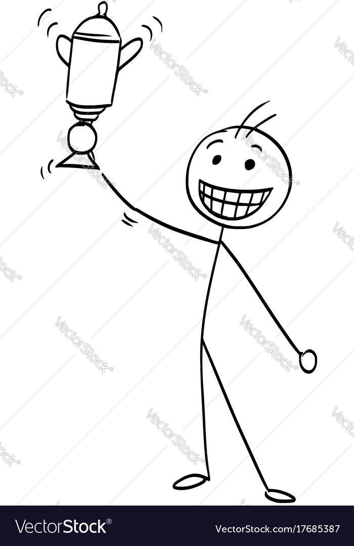 Stick man cartoon of happy man holding a trophy Vector Image