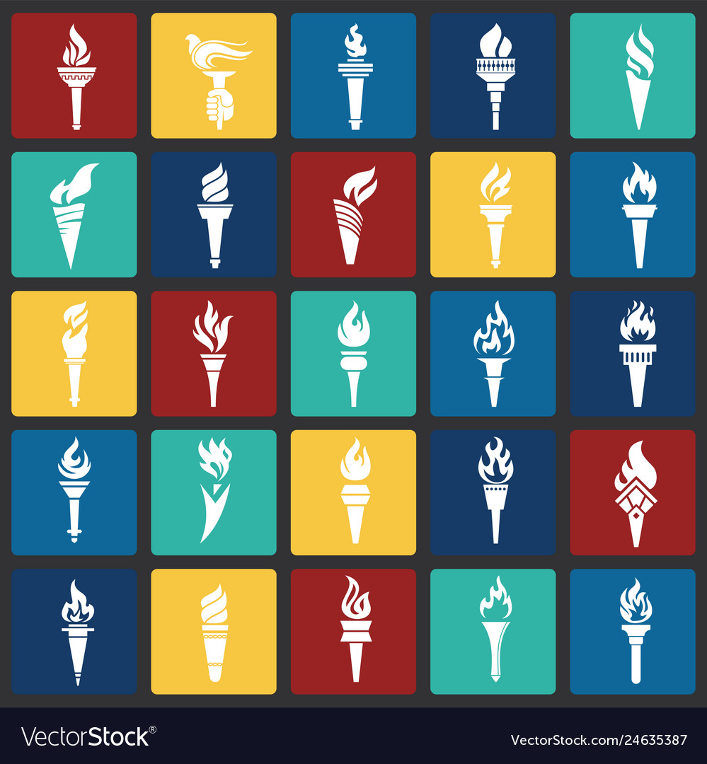 Torch icons set on color squares background vector image Torch icons set on color squares background