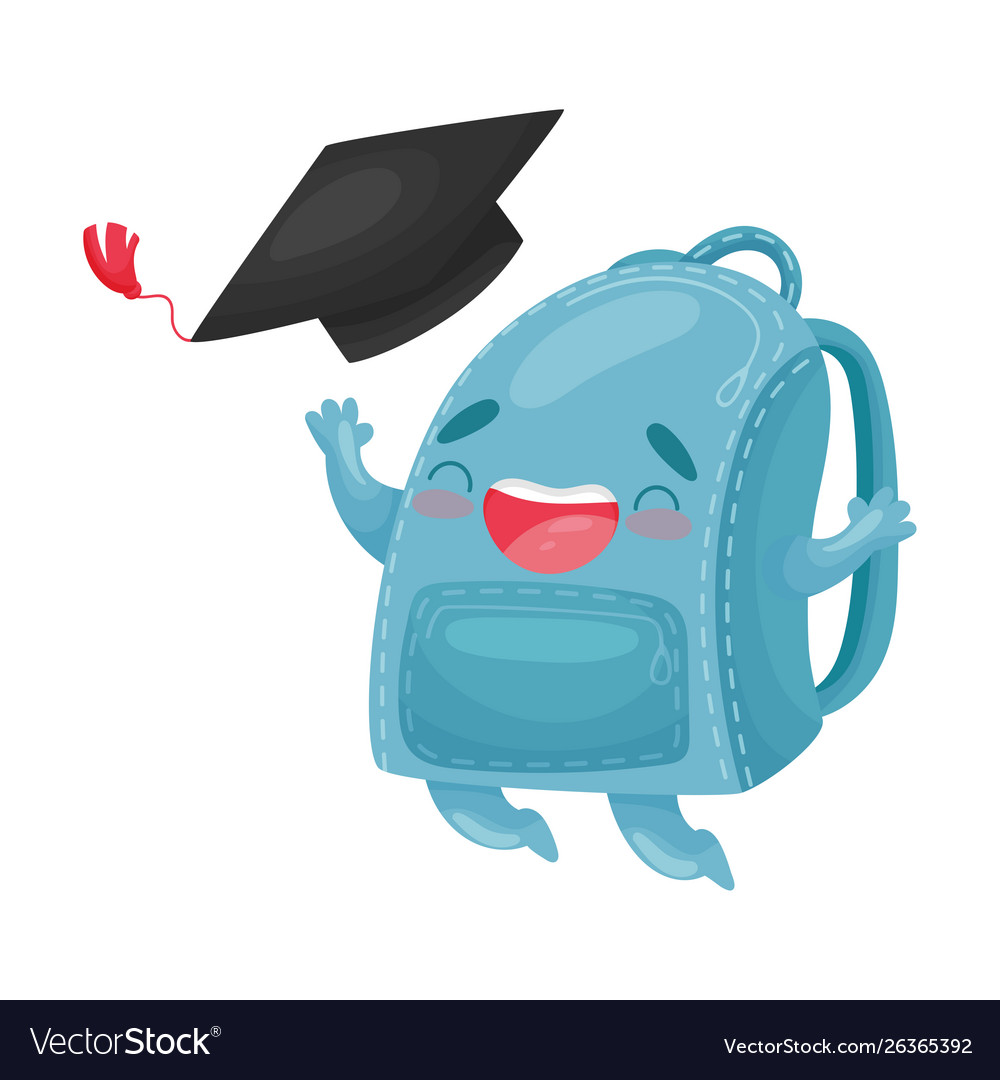 Cute humanized blue schoolbag jumping for joy