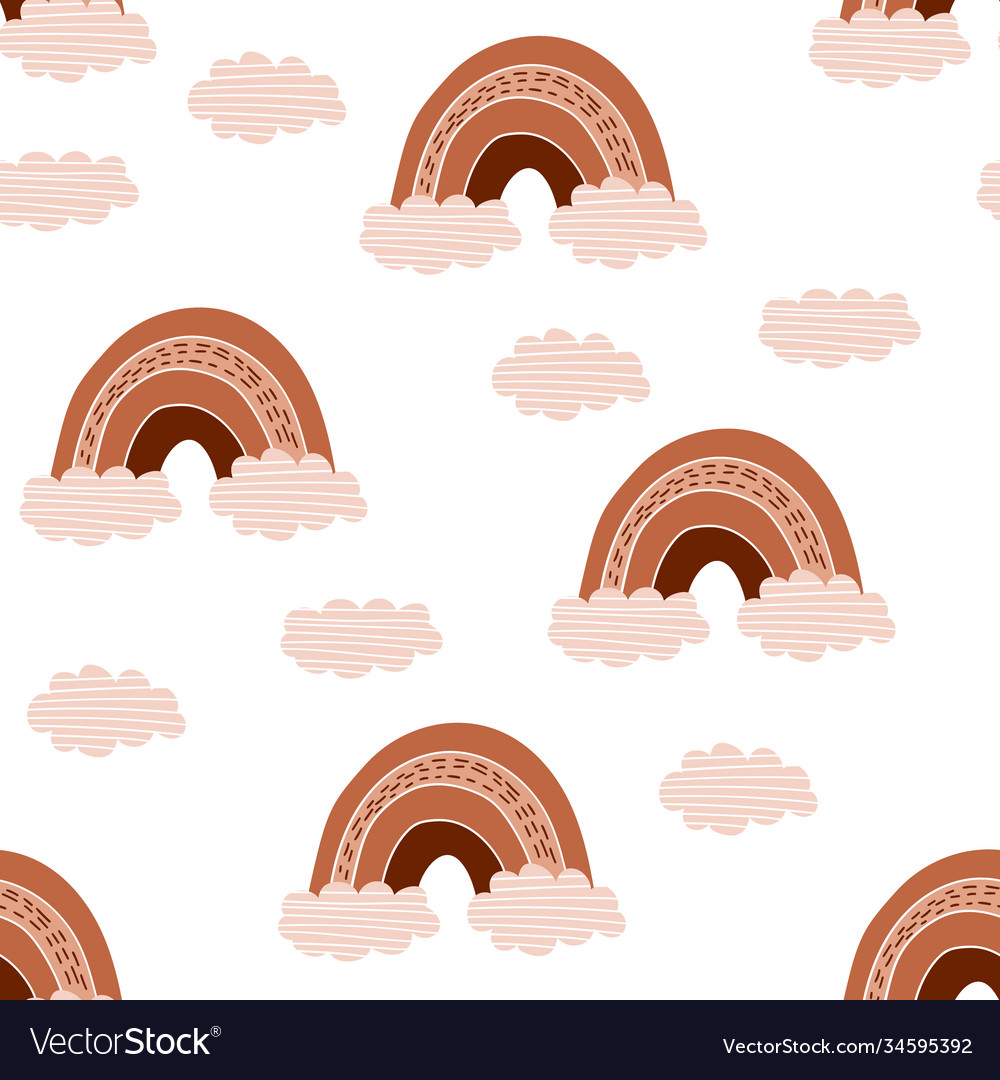 Seamless pattern with boho rainbows and clouds