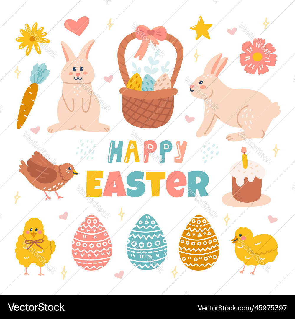 Cute easter set bunnies easter eggs cake Vector Image