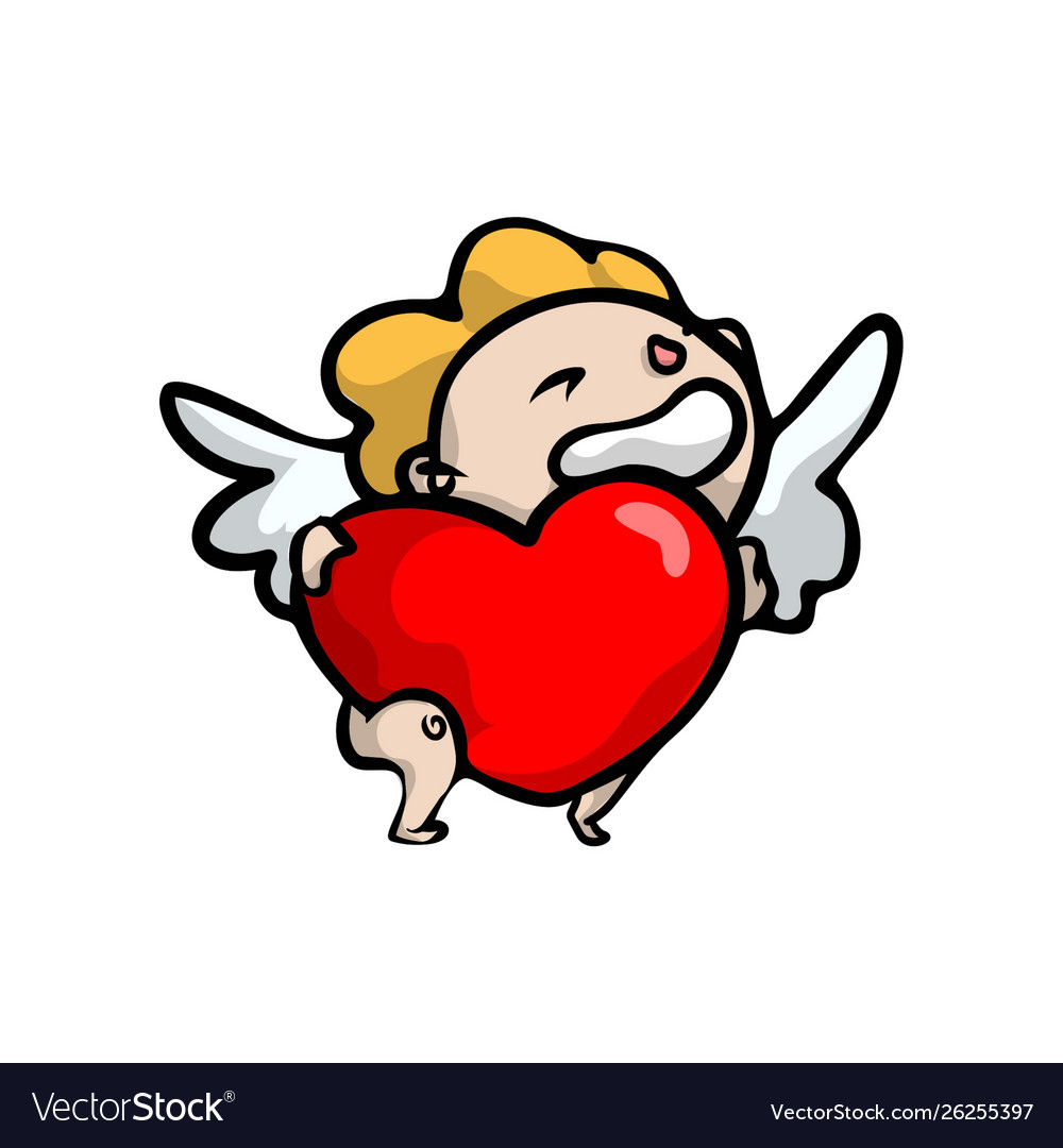 Cute smiling blonde kid angel with big red heart