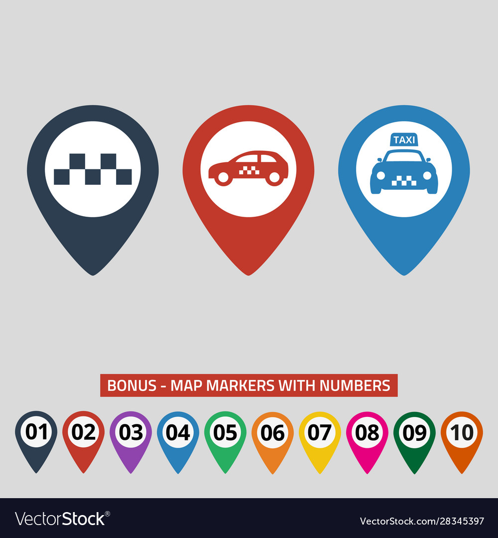 Map pointers with taxi icons on grey background