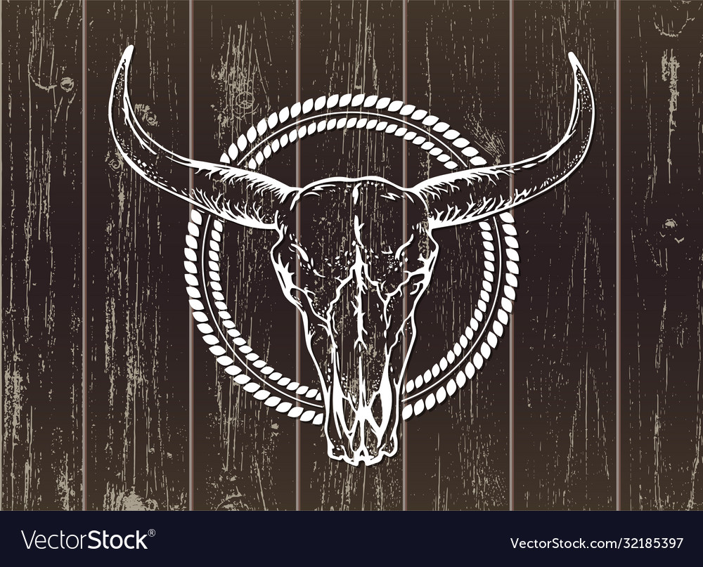 With a wild buffalo skull on wooden background