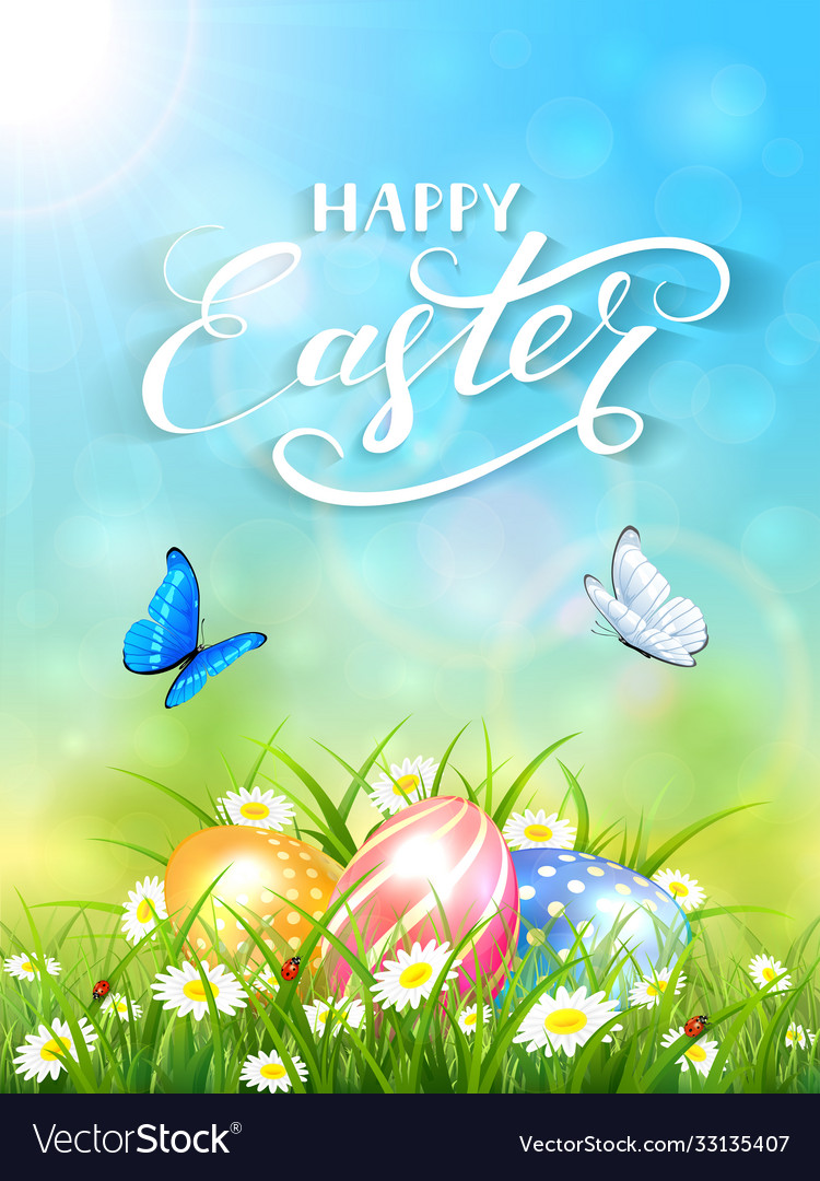 Blue background with butterflies and three easter Vector Image