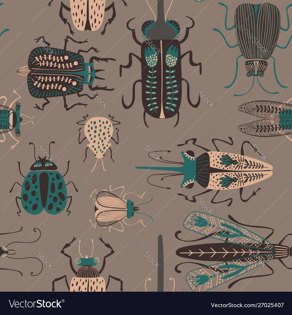 Folk art seamless pattern with bugs