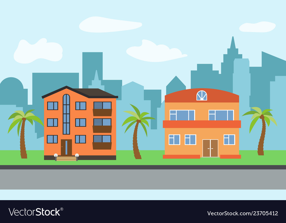 City with three-story and two-story cartoon vector image City with three-story and two-story cartoon