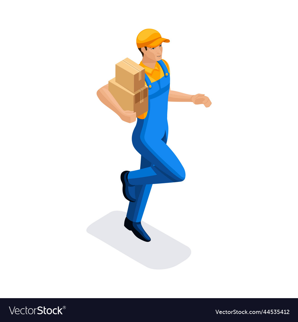 Isometric man runs with cardboard boxes delivery