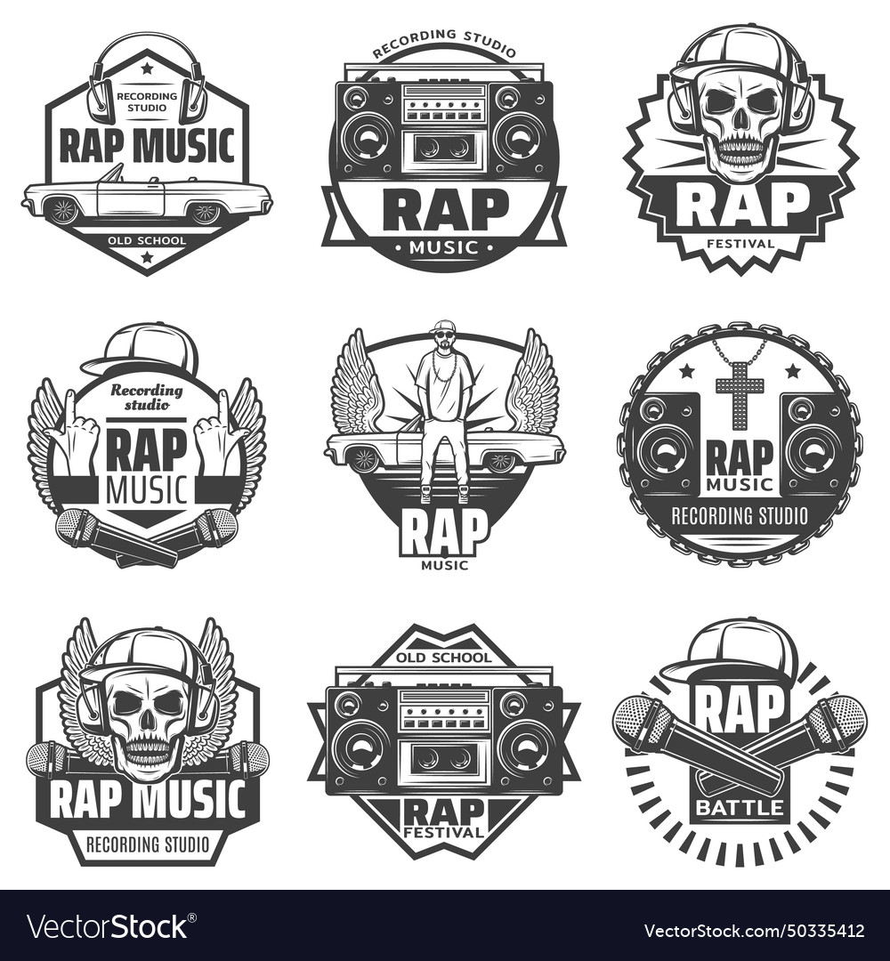 Vintage monochrome rap music labels set