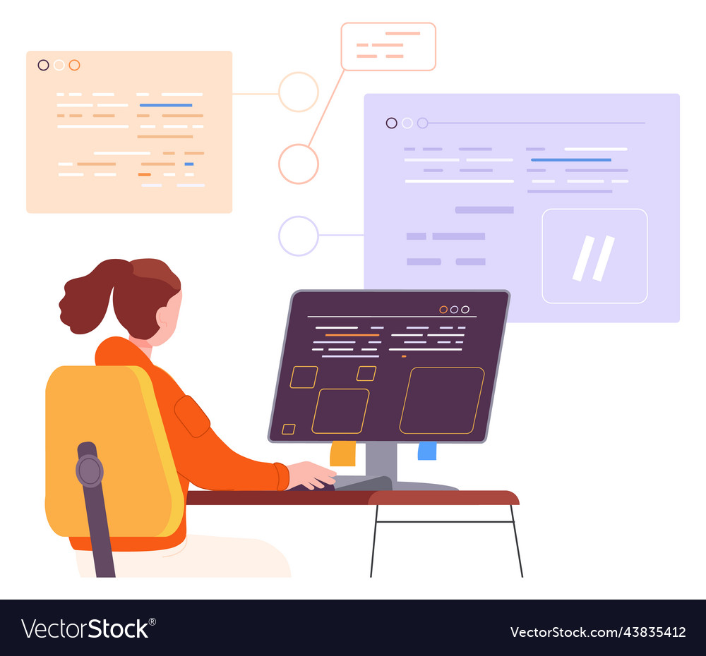 Frau arbeitet mit Code-Sprachalgorithmus vector image Frau arbeitet mit Code-Sprachalgorithmus