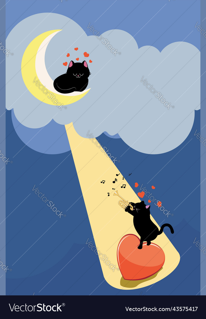 Black cat play trumpet for cat on moon Royalty Free Vector