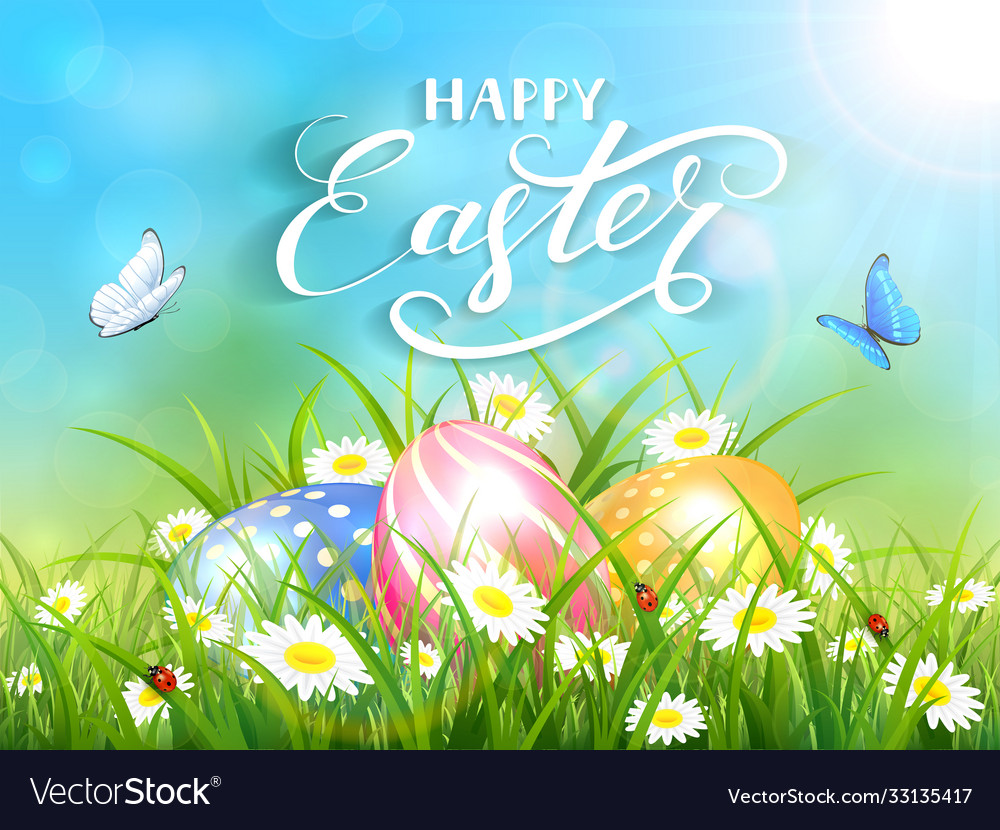 Blue background with three easter eggs in grass Vector Image