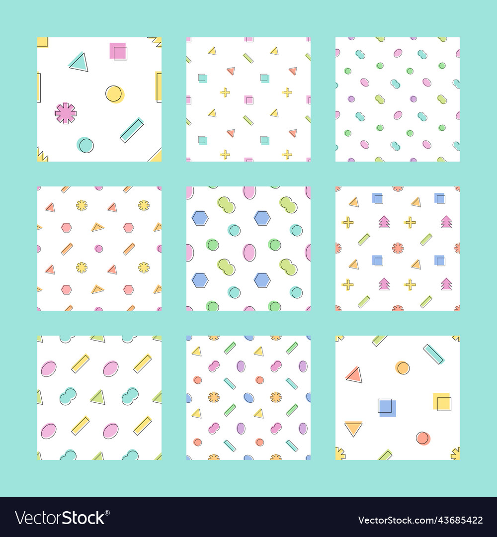 Memphis style seamless patterns set vector image Memphis style seamless patterns set