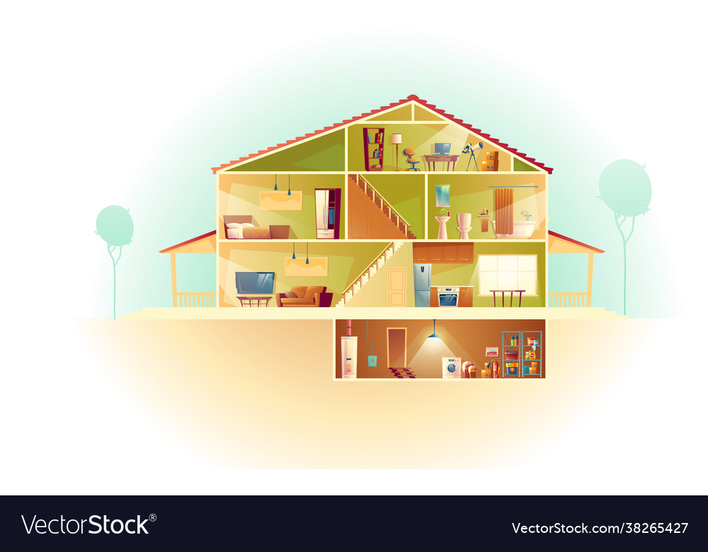 Cartoon house in cross section background