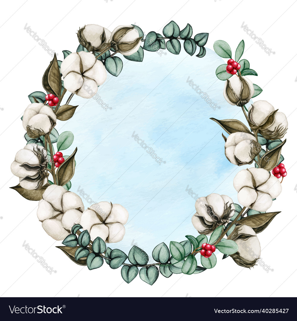 Watercolor delicate christmas cotton flower wreath vector image Watercolor delicate christmas cotton flower wreath