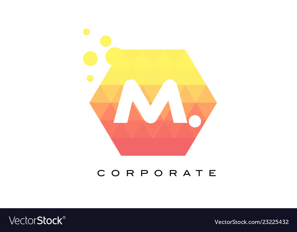 M orange hexagon shaped letter logo with bubbles Vector Image