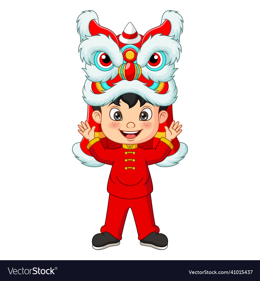 Cartoon chinesischer Junge mit Löwentanz vector image Cartoon chinesischer Junge mit Löwentanz