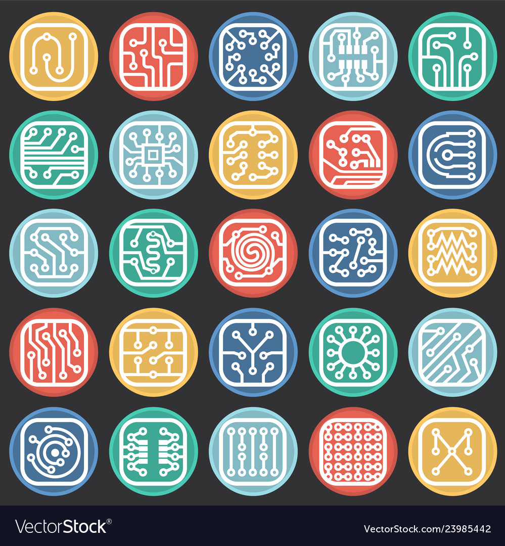 Electronic circuit icons set on color circles