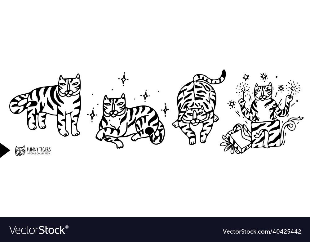 Set of tigers in cute doodle outline cartoon style