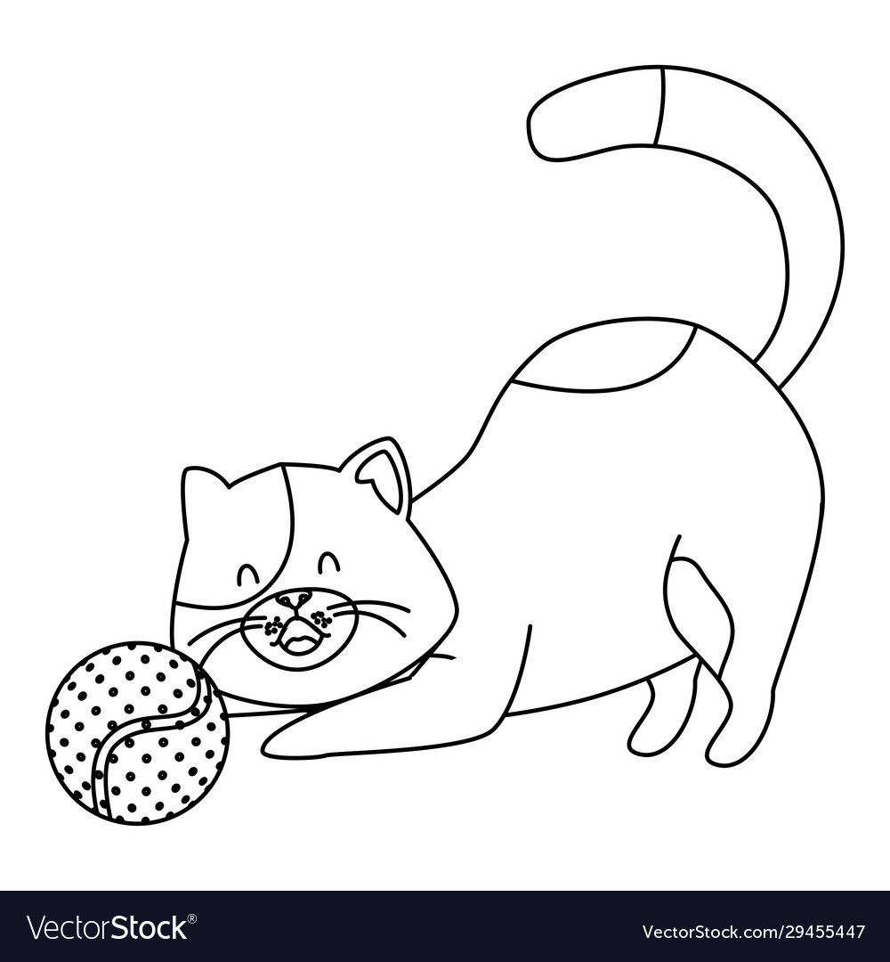 Cute little cat with ball toy line style icon