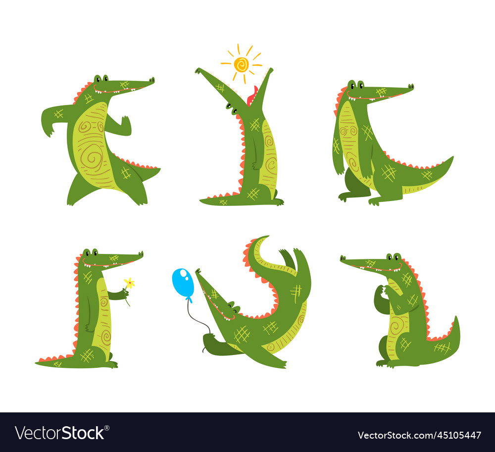 Funny green crocodile with toothy smile engaged Vector Image