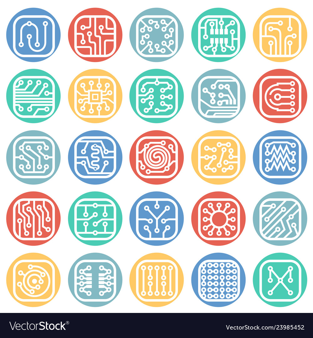 Electronic circuit icons set on color circles