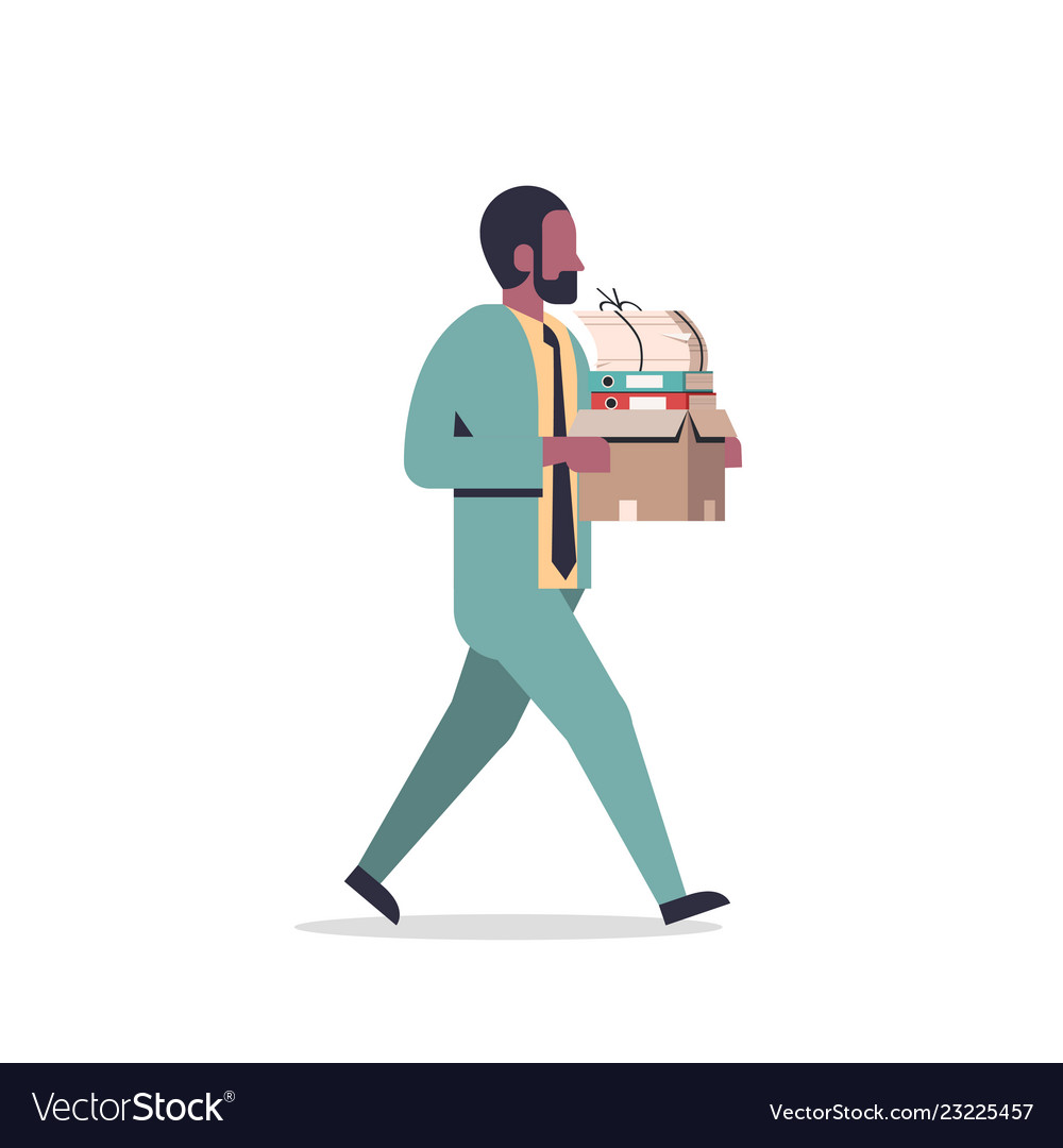 African american businessman carrying paper box