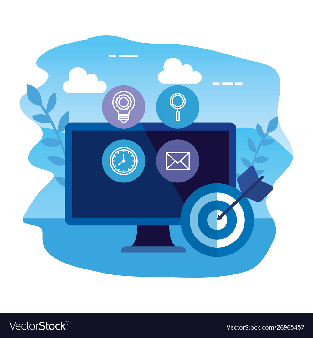Desktop computer with set icons and target vector image Desktop computer with set icons and target