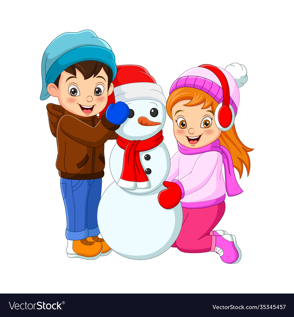 Happy boy and girl playing with a snowman