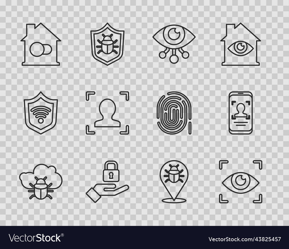 Set line system bug on a cloud eye scan lock vector image Set line system bug on a cloud eye scan lock