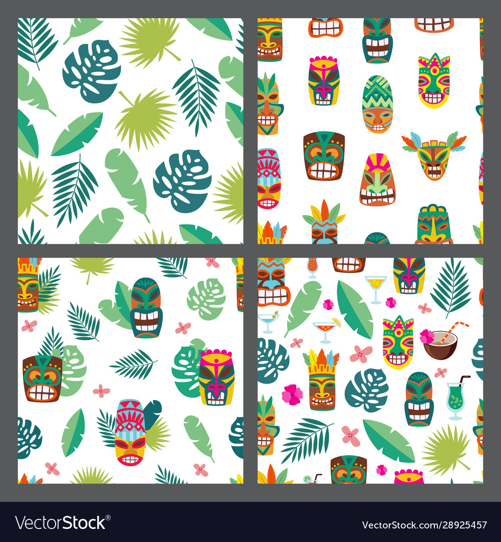 Set seamless patterns with tiki mask and leaves Vector Image